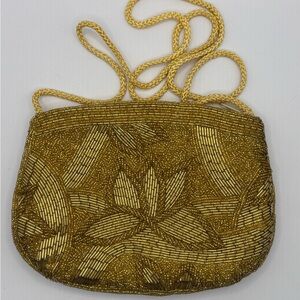 Vintage Gold Beaded Cocktail Bag/Purse, Made In Macau - Floral Design, EUC